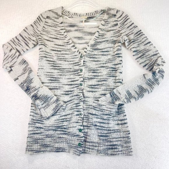 FREE PEOPLE Women S Gray Black V-Neck Long Sleeve Button Up Soft Striped Sweater - Picture 1 of 10